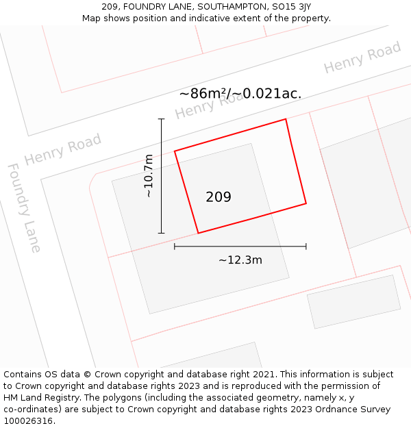 209, FOUNDRY LANE, SOUTHAMPTON, SO15 3JY: Plot and title map