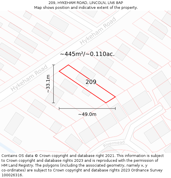 209, HYKEHAM ROAD, LINCOLN, LN6 8AP: Plot and title map