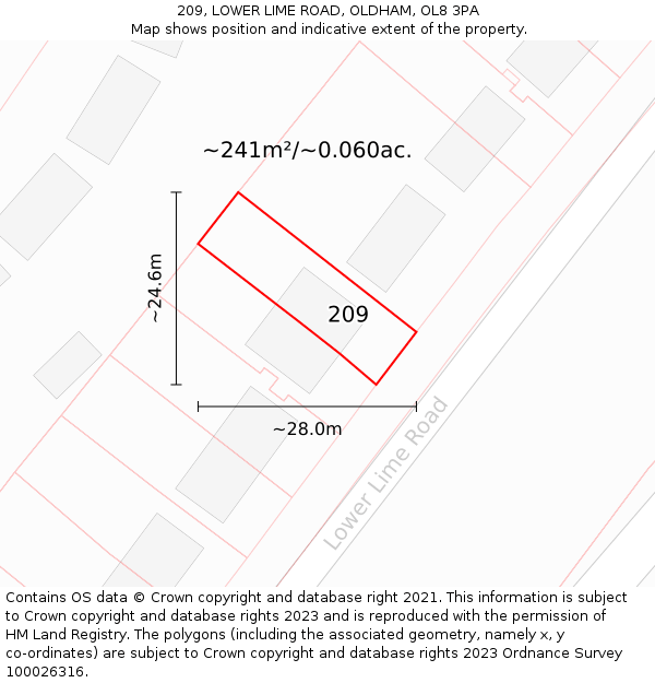 209, LOWER LIME ROAD, OLDHAM, OL8 3PA: Plot and title map