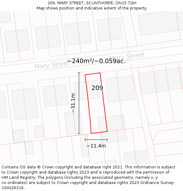 209, MARY STREET, SCUNTHORPE, DN15 7QH: Plot and title map