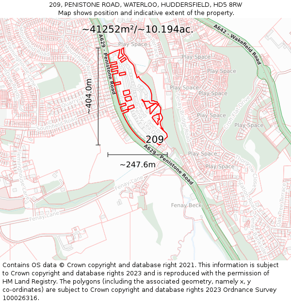 209, PENISTONE ROAD, WATERLOO, HUDDERSFIELD, HD5 8RW: Plot and title map