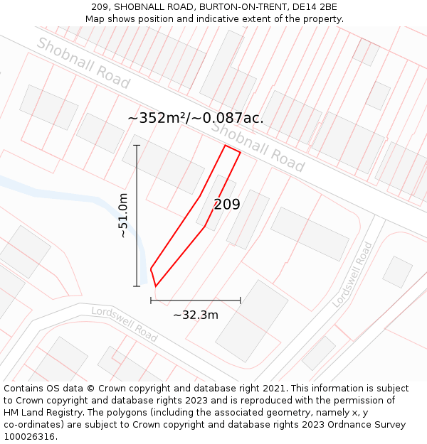 209, SHOBNALL ROAD, BURTON-ON-TRENT, DE14 2BE: Plot and title map