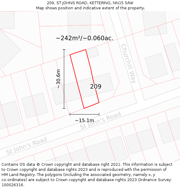 209, ST JOHNS ROAD, KETTERING, NN15 5AW: Plot and title map