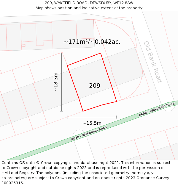 209, WAKEFIELD ROAD, DEWSBURY, WF12 8AW: Plot and title map