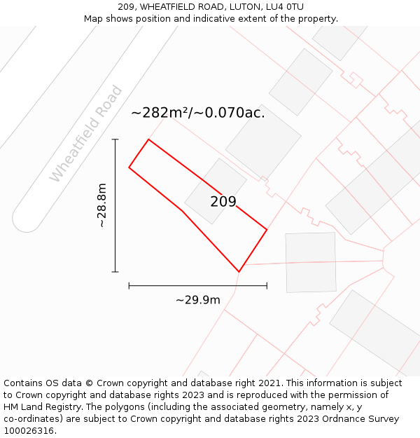 209, WHEATFIELD ROAD, LUTON, LU4 0TU: Plot and title map
