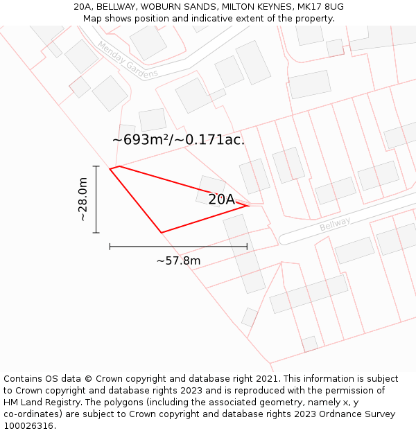 20A, BELLWAY, WOBURN SANDS, MILTON KEYNES, MK17 8UG: Plot and title map