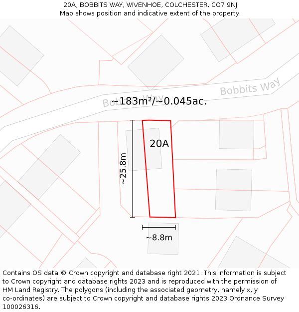 20A, BOBBITS WAY, WIVENHOE, COLCHESTER, CO7 9NJ: Plot and title map