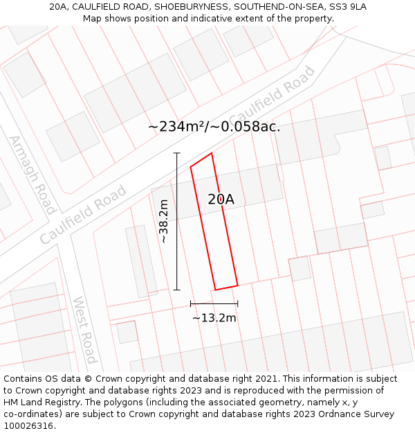 20A, CAULFIELD ROAD, SHOEBURYNESS, SOUTHEND-ON-SEA, SS3 9LA: Plot and title map