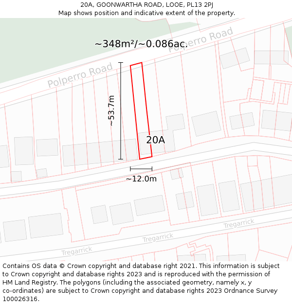 20A, GOONWARTHA ROAD, LOOE, PL13 2PJ: Plot and title map