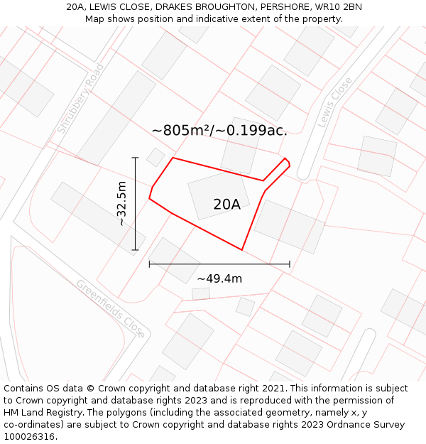 20A, LEWIS CLOSE, DRAKES BROUGHTON, PERSHORE, WR10 2BN: Plot and title map