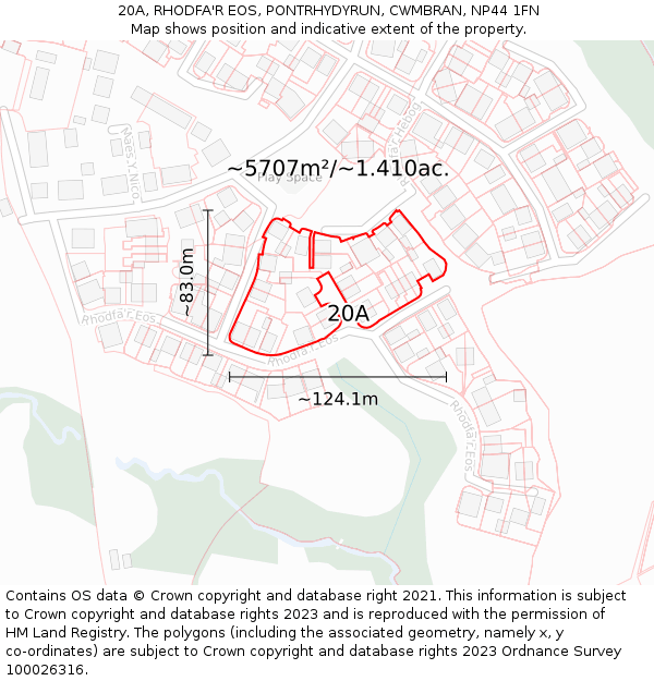 20A, RHODFA'R EOS, PONTRHYDYRUN, CWMBRAN, NP44 1FN: Plot and title map