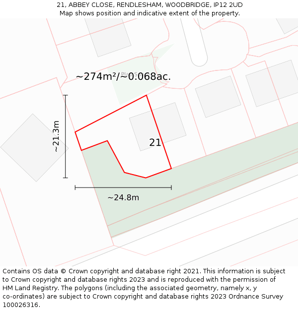 21, ABBEY CLOSE, RENDLESHAM, WOODBRIDGE, IP12 2UD: Plot and title map