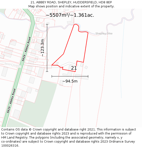 21, ABBEY ROAD, SHEPLEY, HUDDERSFIELD, HD8 8EP: Plot and title map