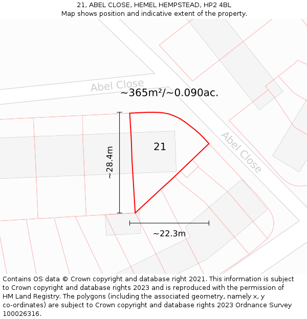 21, ABEL CLOSE, HEMEL HEMPSTEAD, HP2 4BL: Plot and title map