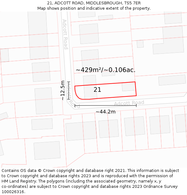 21, ADCOTT ROAD, MIDDLESBROUGH, TS5 7ER: Plot and title map