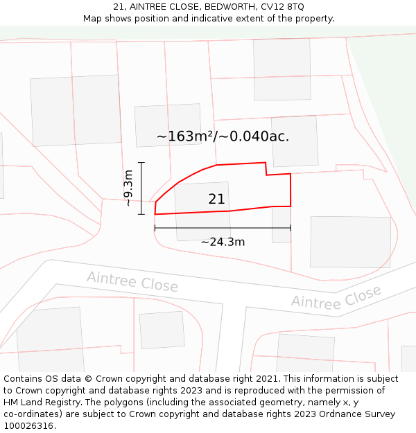 21, AINTREE CLOSE, BEDWORTH, CV12 8TQ: Plot and title map