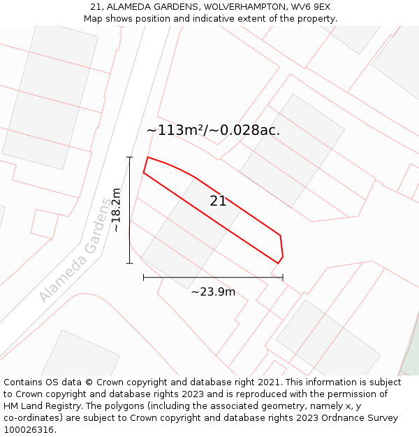 21, ALAMEDA GARDENS, WOLVERHAMPTON, WV6 9EX: Plot and title map