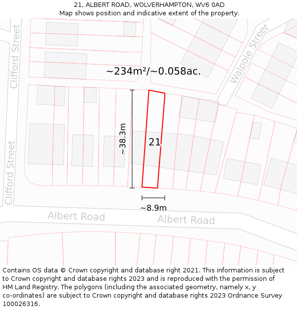 21, ALBERT ROAD, WOLVERHAMPTON, WV6 0AD: Plot and title map