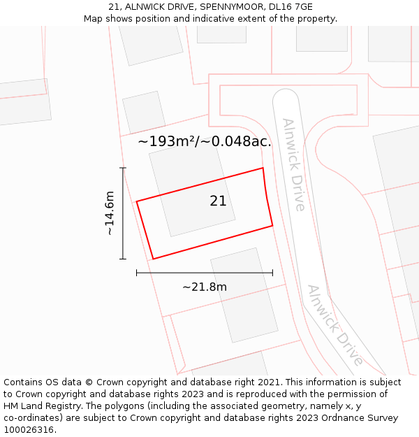 21, ALNWICK DRIVE, SPENNYMOOR, DL16 7GE: Plot and title map