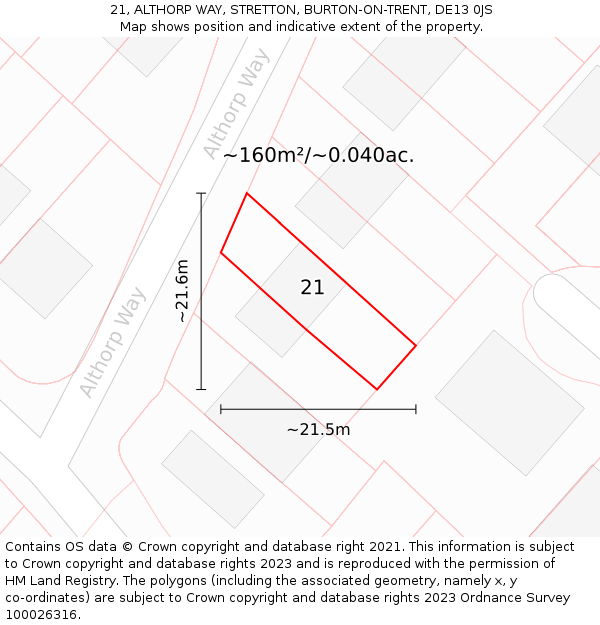 21, ALTHORP WAY, STRETTON, BURTON-ON-TRENT, DE13 0JS: Plot and title map