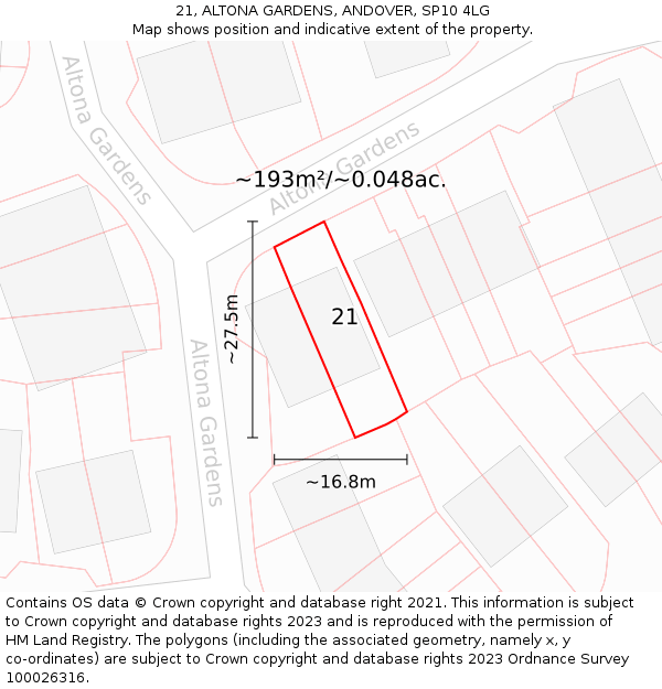 21, ALTONA GARDENS, ANDOVER, SP10 4LG: Plot and title map