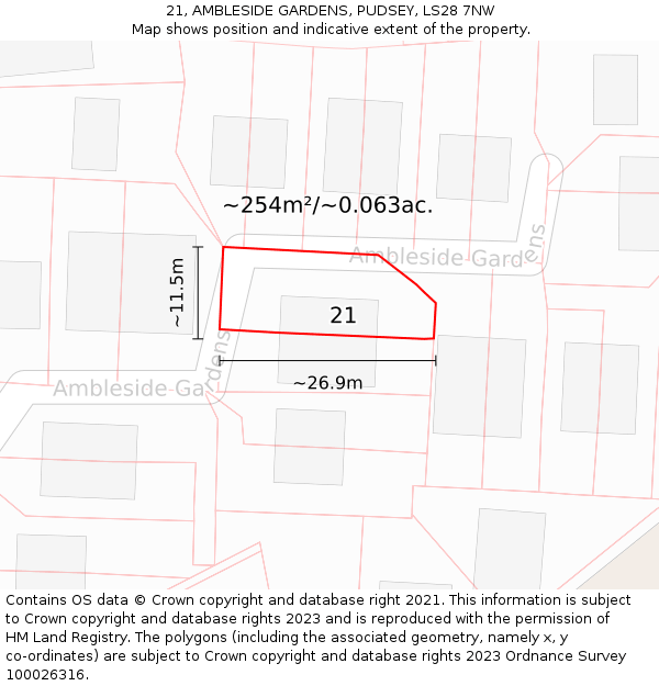 21, AMBLESIDE GARDENS, PUDSEY, LS28 7NW: Plot and title map