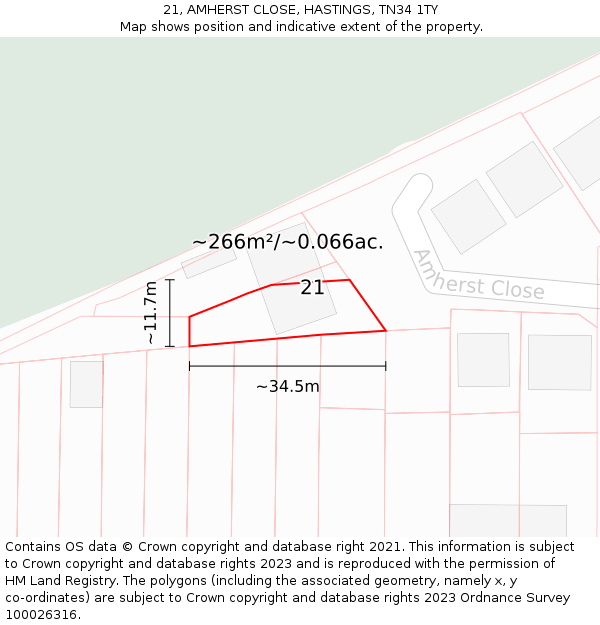 21, AMHERST CLOSE, HASTINGS, TN34 1TY: Plot and title map
