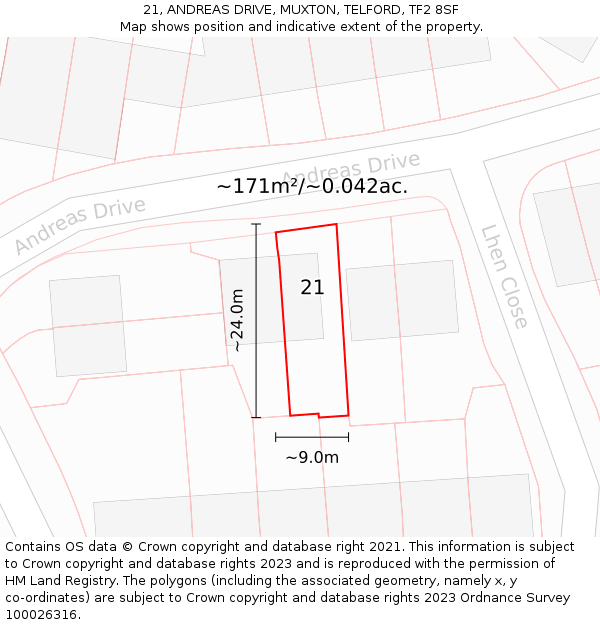 21, ANDREAS DRIVE, MUXTON, TELFORD, TF2 8SF: Plot and title map