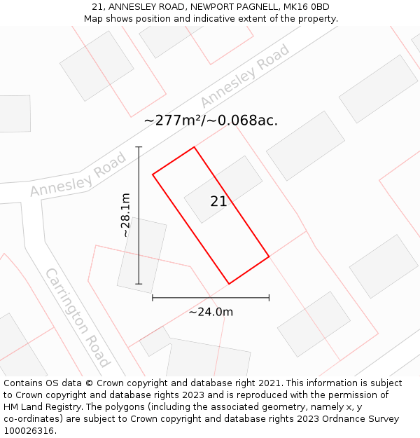 21, ANNESLEY ROAD, NEWPORT PAGNELL, MK16 0BD: Plot and title map