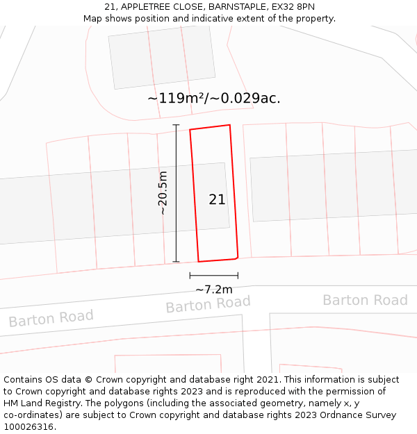 21, APPLETREE CLOSE, BARNSTAPLE, EX32 8PN: Plot and title map