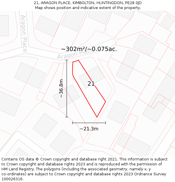 21, ARAGON PLACE, KIMBOLTON, HUNTINGDON, PE28 0JD: Plot and title map