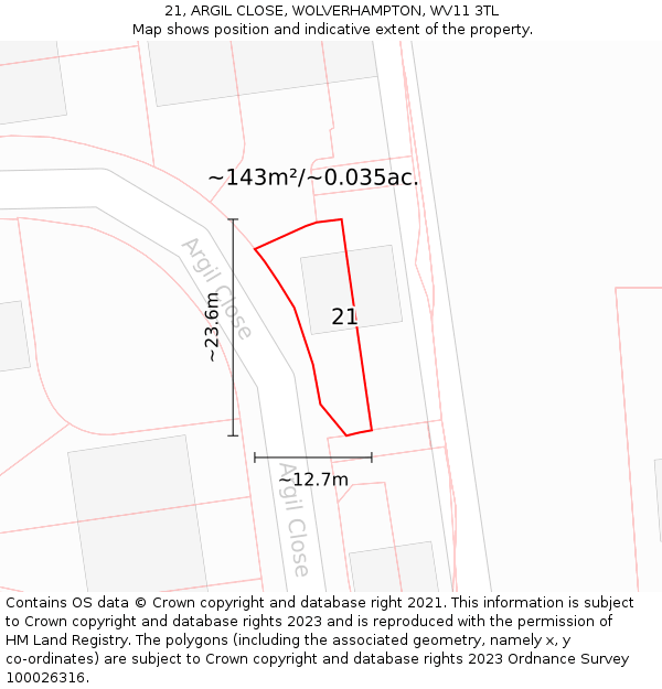 21, ARGIL CLOSE, WOLVERHAMPTON, WV11 3TL: Plot and title map