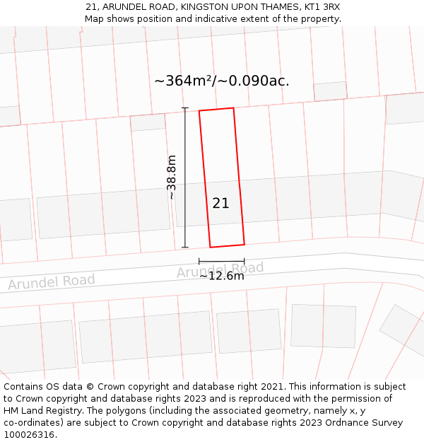 21, ARUNDEL ROAD, KINGSTON UPON THAMES, KT1 3RX: Plot and title map