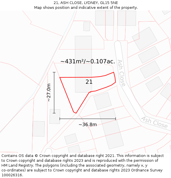 21, ASH CLOSE, LYDNEY, GL15 5NE: Plot and title map