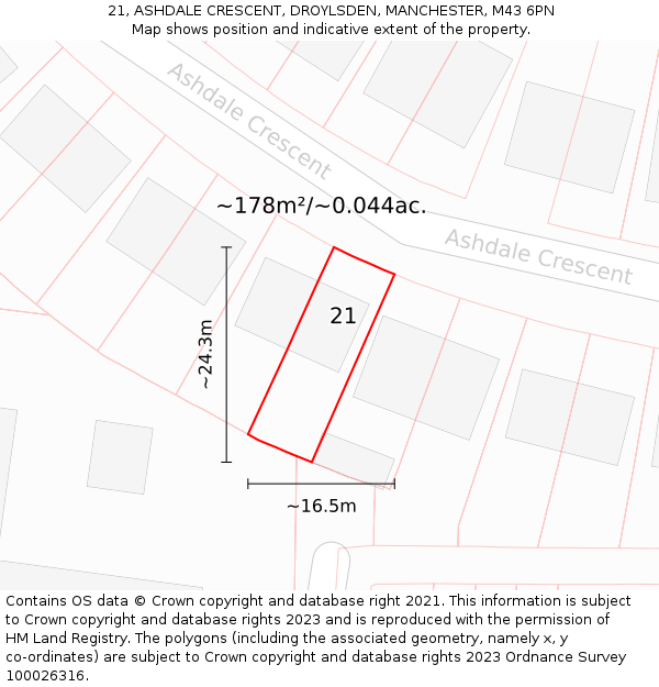 21, ASHDALE CRESCENT, DROYLSDEN, MANCHESTER, M43 6PN: Plot and title map