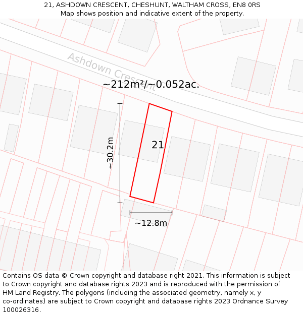 21, ASHDOWN CRESCENT, CHESHUNT, WALTHAM CROSS, EN8 0RS: Plot and title map