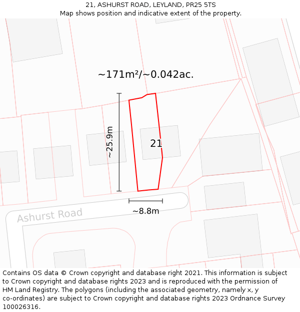 21, ASHURST ROAD, LEYLAND, PR25 5TS: Plot and title map