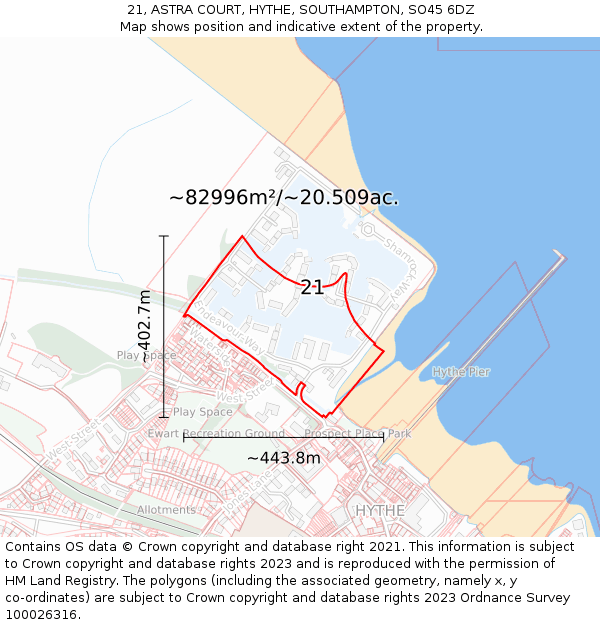 21, ASTRA COURT, HYTHE, SOUTHAMPTON, SO45 6DZ: Plot and title map