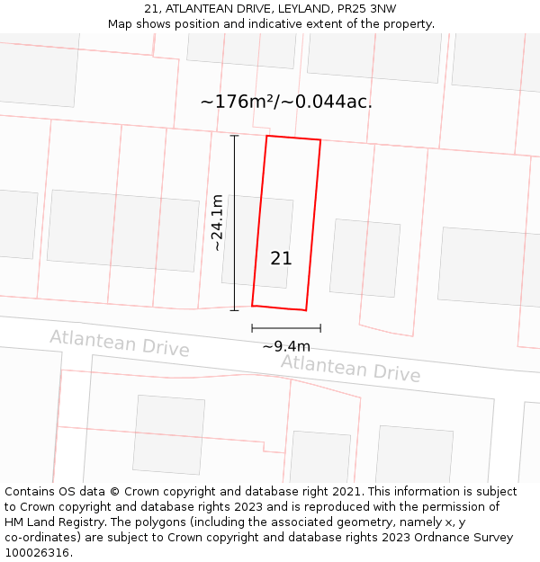 21, ATLANTEAN DRIVE, LEYLAND, PR25 3NW: Plot and title map