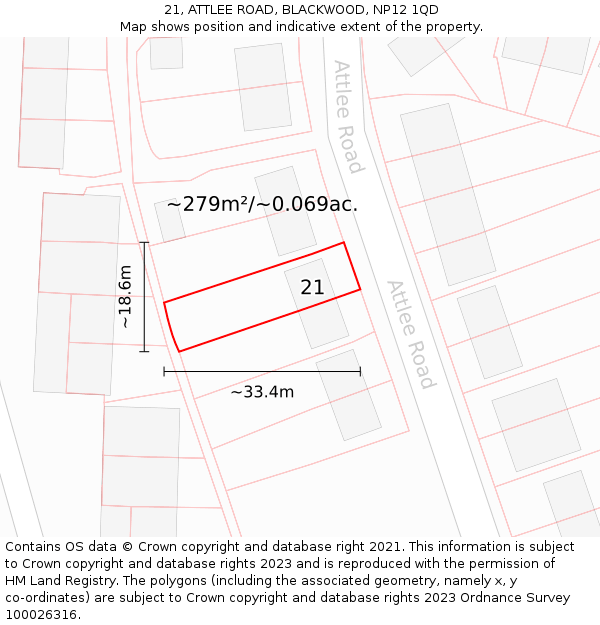 21, ATTLEE ROAD, BLACKWOOD, NP12 1QD: Plot and title map