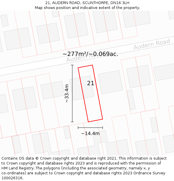 21, AUDERN ROAD, SCUNTHORPE, DN16 3LH: Plot and title map