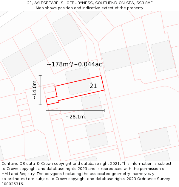 21, AYLESBEARE, SHOEBURYNESS, SOUTHEND-ON-SEA, SS3 8AE: Plot and title map