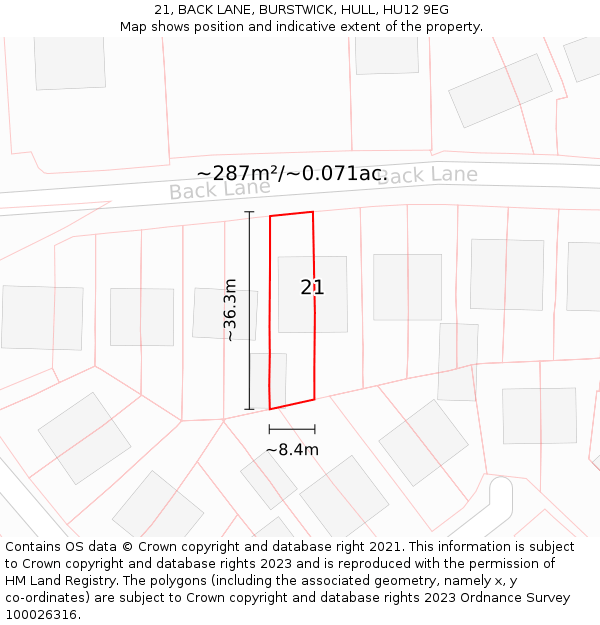 21, BACK LANE, BURSTWICK, HULL, HU12 9EG: Plot and title map