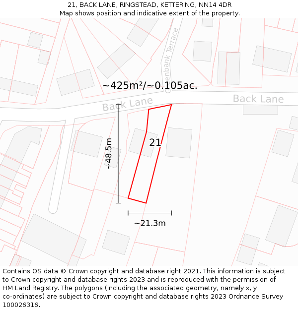 21, BACK LANE, RINGSTEAD, KETTERING, NN14 4DR: Plot and title map