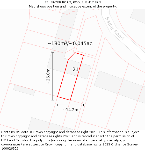 21, BADER ROAD, POOLE, BH17 8PN: Plot and title map