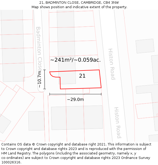 21, BADMINTON CLOSE, CAMBRIDGE, CB4 3NW: Plot and title map