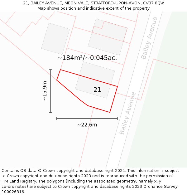 21, BAILEY AVENUE, MEON VALE, STRATFORD-UPON-AVON, CV37 8QW: Plot and title map