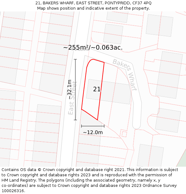 21, BAKERS WHARF, EAST STREET, PONTYPRIDD, CF37 4PQ: Plot and title map