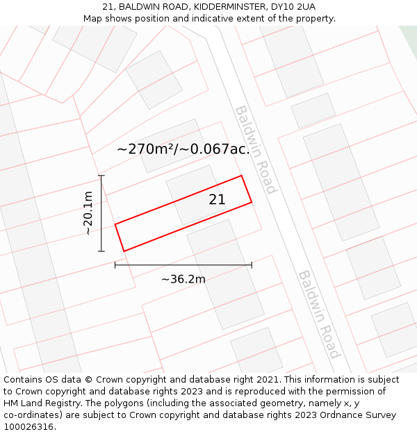 21, BALDWIN ROAD, KIDDERMINSTER, DY10 2UA: Plot and title map