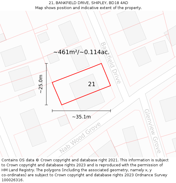 21, BANKFIELD DRIVE, SHIPLEY, BD18 4AD: Plot and title map